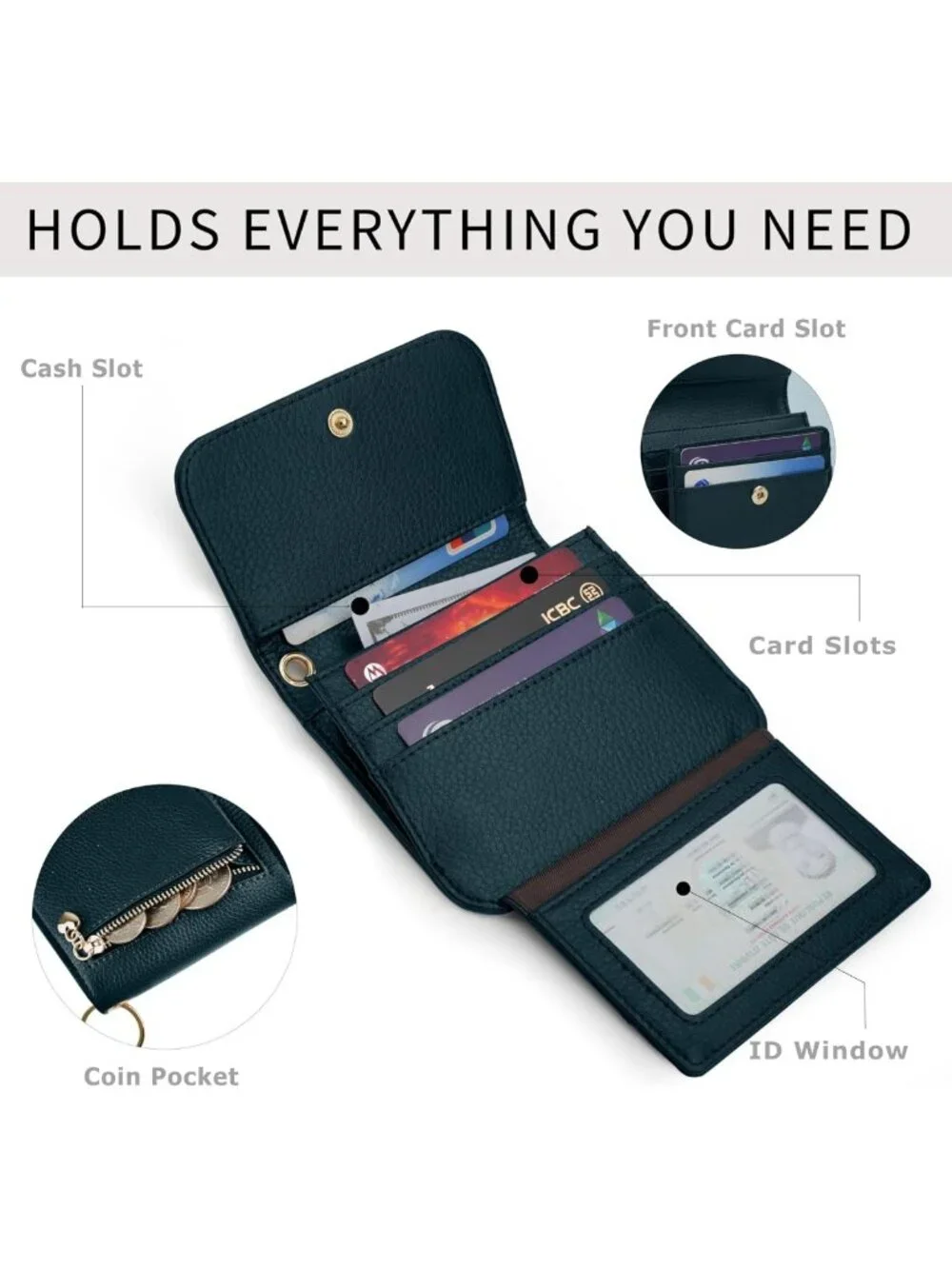 Slim RFID Blocking Women's Wallet with Coin Pocket, ID Window & Keychain - Lake